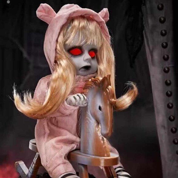 Nwt-halloween 17" Animated Creepy Singing Doll on Rocking Horse Motion Red Eyes - Picture 1 of 13